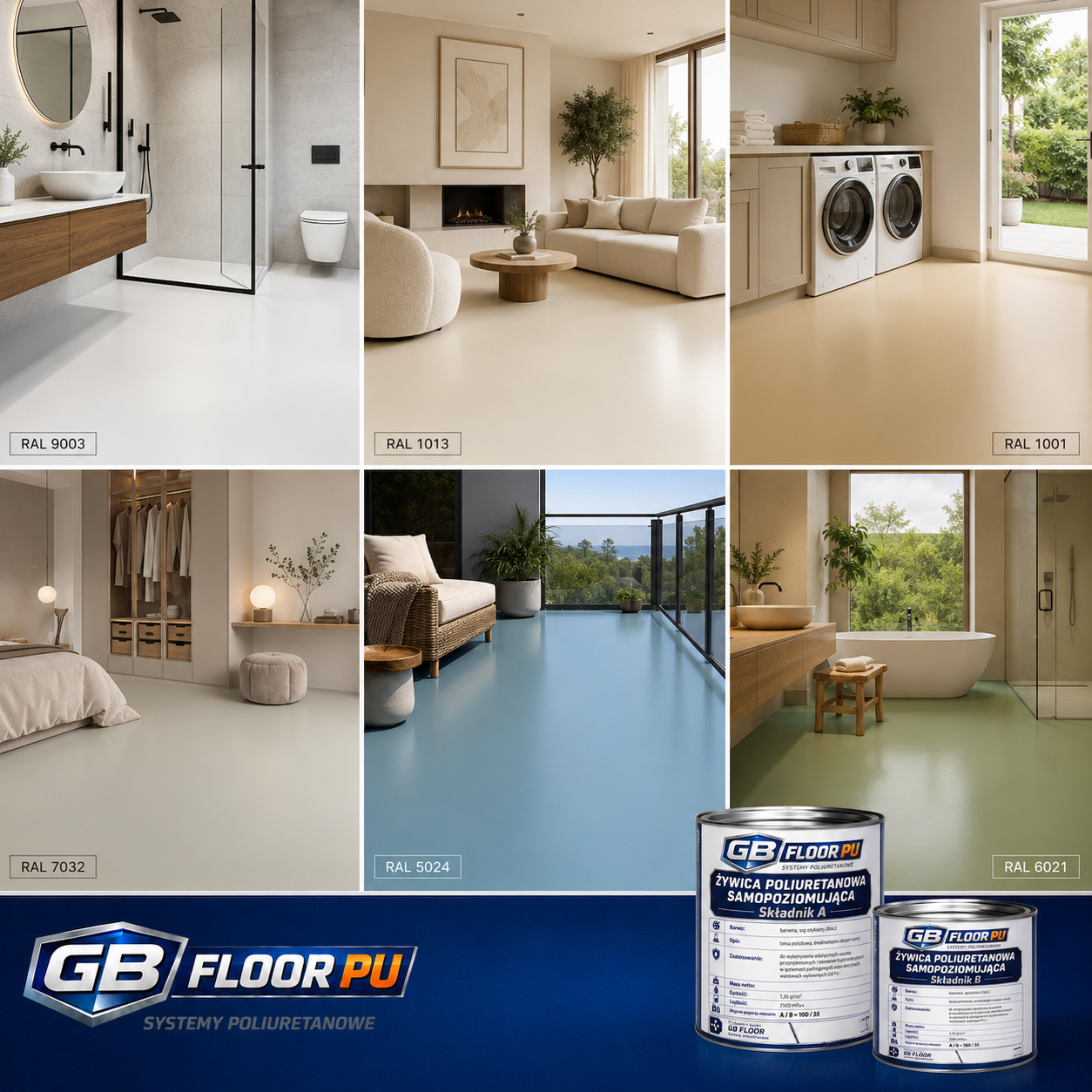 GB FLOOR PU - poliuretanowa żywica podłogowa PREMIUM UV odporna – dwuskładnikowa posadzka comfort - 13,5 kg (gotowy zestaw A+B na 10 metrów) - dużo kolorów