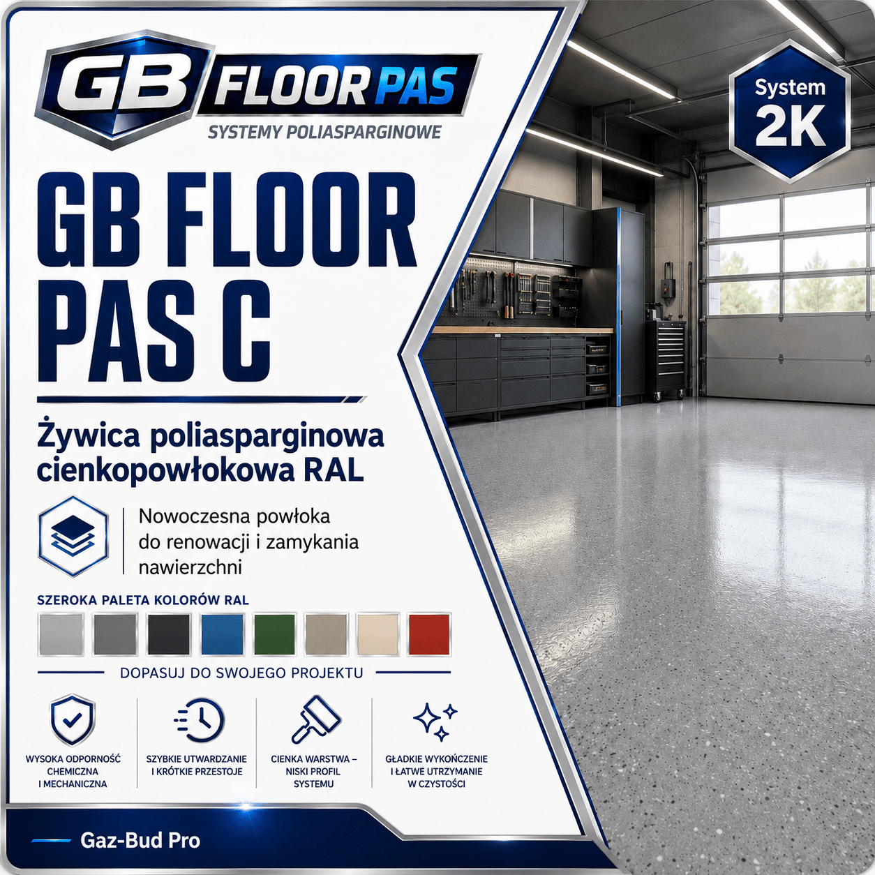 GB FLOOR PAS - żywica poliasparginowa premium, podłogowa, cienkopowłokowa, szybkoschnąca, UV odporna – dwuskładnikowa posadzka (gotowy zestaw A+B na 30 metrów) - dużo kolorów - Gaz - Bud Pro