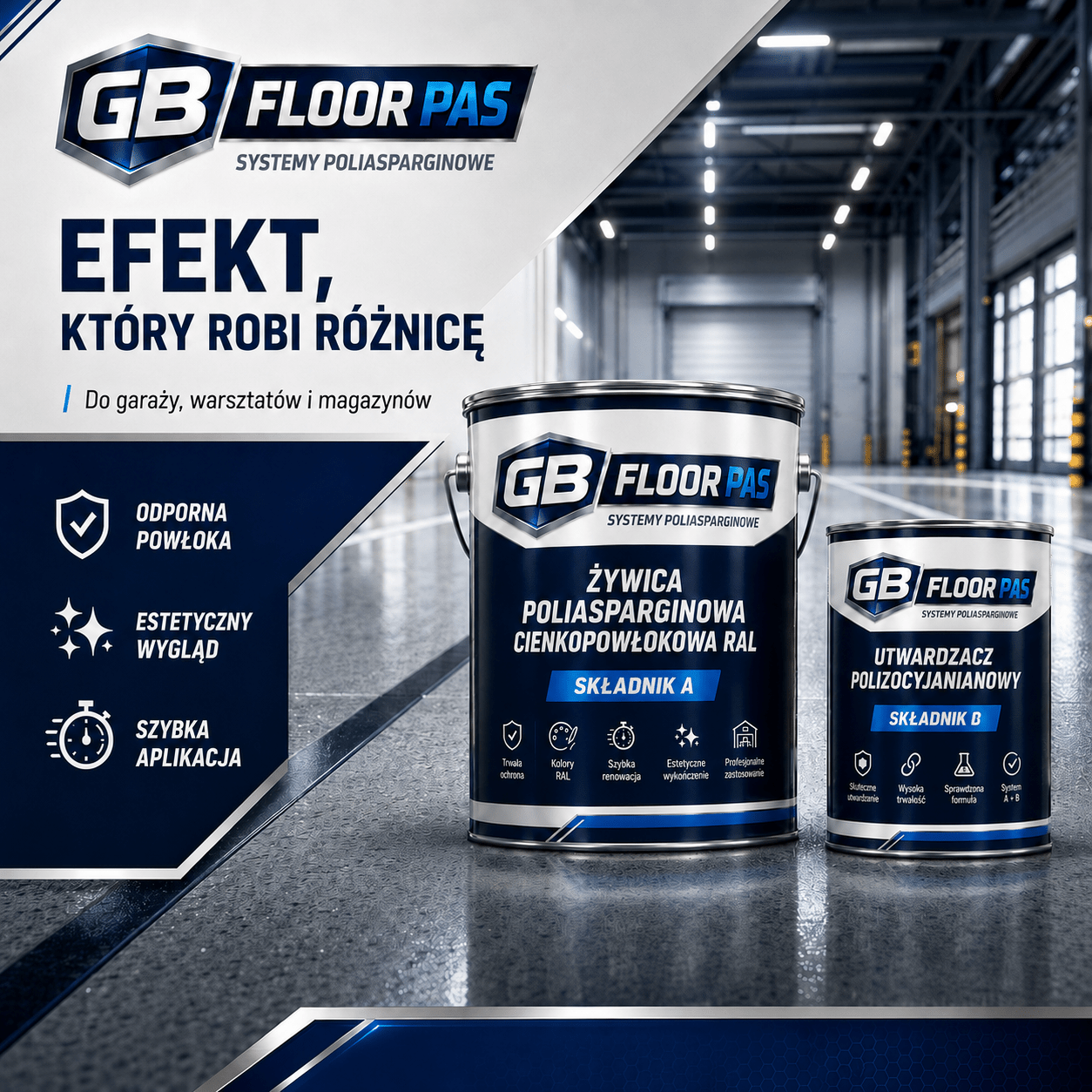 GB FLOOR PAS - żywica poliasparginowa premium, podłogowa, cienkopowłokowa, szybkoschnąca, UV odporna – dwuskładnikowa posadzka (gotowy zestaw A+B na 30 metrów) - dużo kolorów - Gaz - Bud Pro