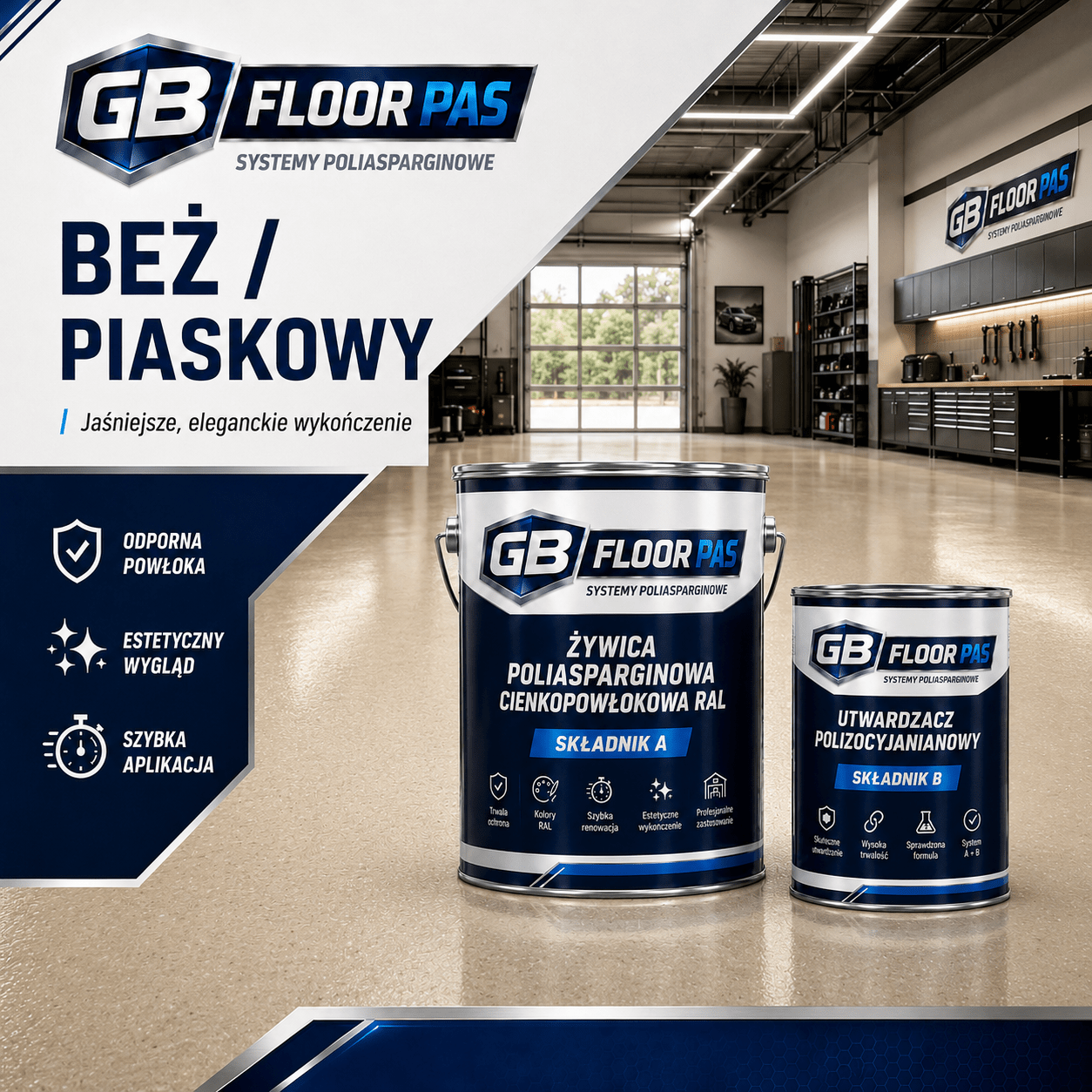 GB FLOOR PAS - żywica poliasparginowa premium, podłogowa, cienkopowłokowa, szybkoschnąca, UV odporna – dwuskładnikowa posadzka (gotowy zestaw A+B na 30 metrów) - dużo kolorów - Gaz - Bud Pro