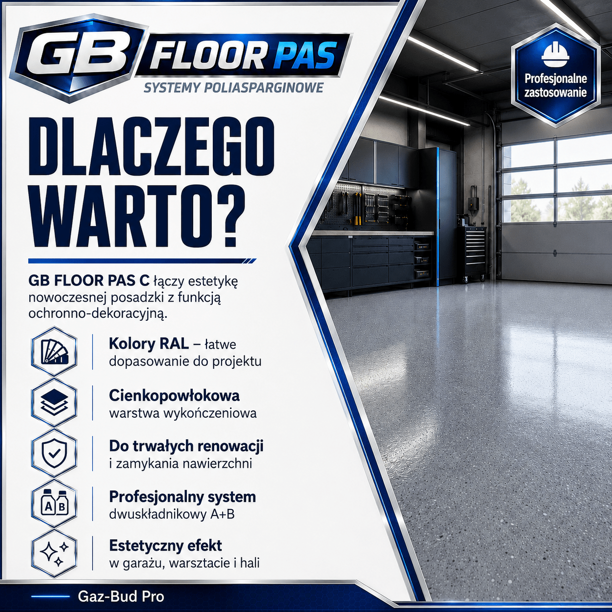GB FLOOR PAS - żywica poliasparginowa premium, podłogowa, cienkopowłokowa, szybkoschnąca, UV odporna – dwuskładnikowa posadzka (gotowy zestaw A+B na 30 metrów) - dużo kolorów - Gaz - Bud Pro